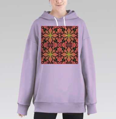 Симметричные зелено розовые цветы на чёрном фоне, Hoodie Long Oversize Fiolet