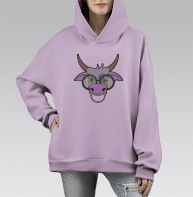 Симпатичный бык в очках коричневый розовый серый, Hoodie Mono Fiolet, оверсайз, утепленная
