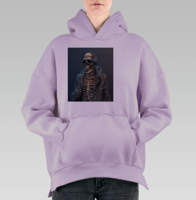 Скелет с наушниками в кожаной куртке дерзкий рокер образ, Hoodie Oversize Fiolet, утепленная