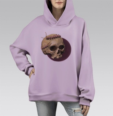 Сколопендра ползущая по черепу мрачная иллюстрация, Hoodie Mono Fiolet, оверсайз, утепленная