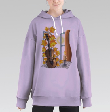 Скрипка с кленовыми листьями и свечой осенний вечер окна, Hoodie Long Oversize Fiolet