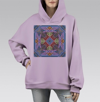 Сложная симметричная цифровая абстракция с геометрией узоров, Hoodie Mono Fiolet, оверсайз, утепленная