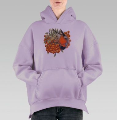 Снегирь на ветке рябины зимой на светлом фоне, Hoodie Oversize Fiolet, утепленная
