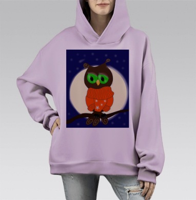 Сова в оранжевом свитере теплый ночной уют, Hoodie Mono Fiolet, оверсайз, утепленная