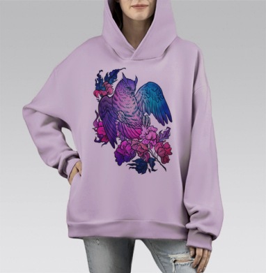 Современная сказочная сова в ярких цветах на цветах, Hoodie Mono Fiolet, оверсайз, утепленная