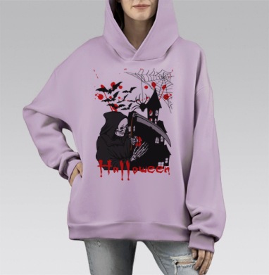 Страшный скелет смерти с косой возле замка Halloween, Hoodie Mono Fiolet, оверсайз, утепленная
