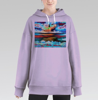 Свободный полет птиц на фоне красочного заката над озером, Hoodie Long Oversize Fiolet