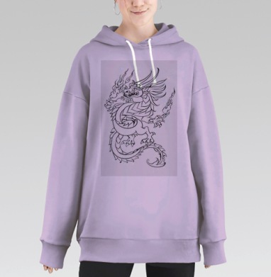 Танцующий Дракон со Следами Пламени на Черно Белом Контуре, Hoodie Long Oversize Fiolet