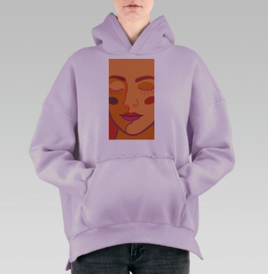 Теплый женский портрет с закрытыми глазами крупным планом, Hoodie Oversize Fiolet, утепленная