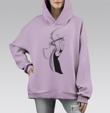 Элегантный силуэт женщины в черном платье и шляпе, Hoodie Mono Fiolet, оверсайз, утепленная
