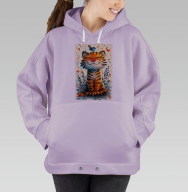 Улыбающийся тигр с птицей в сказочном окружении, Hoodie Oversize Fiolet