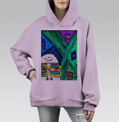 Усталый взгляд сквозь яркие порталы на фоне зеленого и синего, Hoodie Mono Fiolet, оверсайз, утепленная