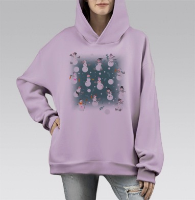 Веселые снеговики с морковками и сапогами на сером фоне, Hoodie Mono Fiolet, оверсайз, утепленная