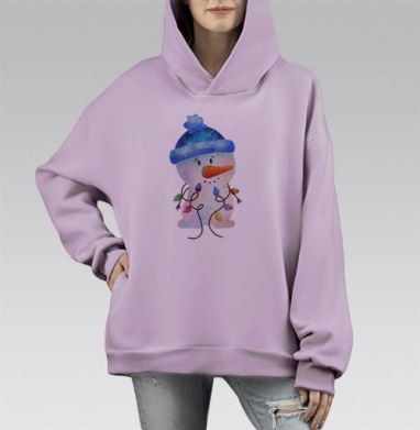 Веселые снеговики в зимних шапках и шарфиках на белом фоне, Hoodie Mono Fiolet, оверсайз, утепленная