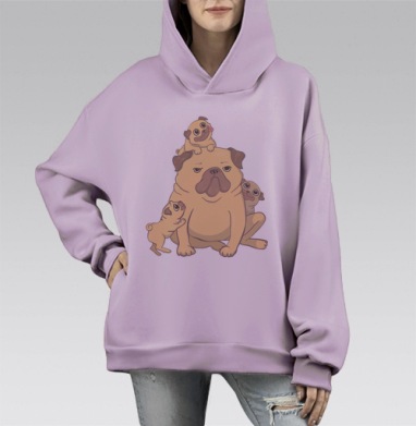 Веселые забавные мопсы играют детство вместе мопс, Hoodie Mono Fiolet, оверсайз, утепленная