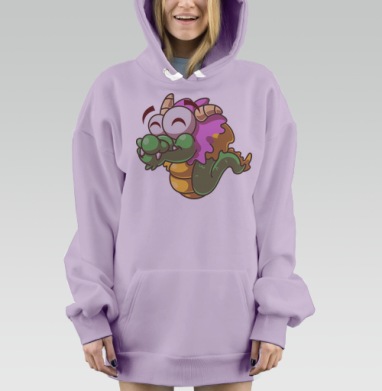 Весёлый мультяшный зелёный дракон улыбается радостно, Hoodie Mjhigh Dig Mel, Fiolet, утепленная