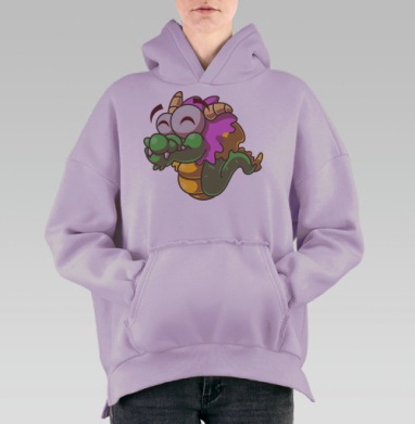 Весёлый мультяшный зелёный дракон улыбается радостно, Hoodie Oversize Fiolet, утепленная