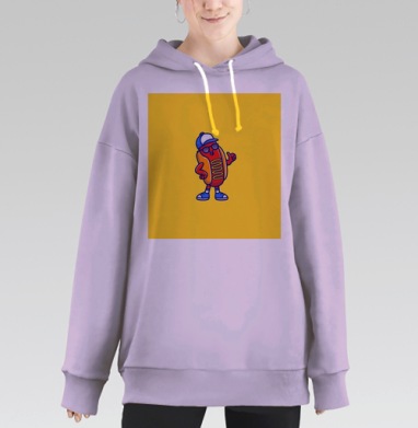 Весёлый хот дог с кепкой и очками на желтом фоне, Hoodie Long Oversize Fiolet