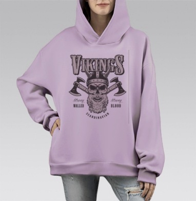 Викинг череп с топорами и текстом среди сильных воинов, Hoodie Mono Fiolet, оверсайз, утепленная