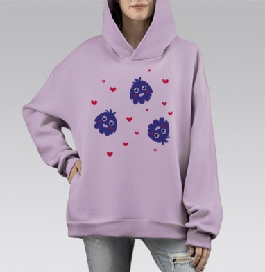 Влюбленная синяя тучка с сердечками на сером фоне, Hoodie Mono Fiolet, оверсайз, утепленная