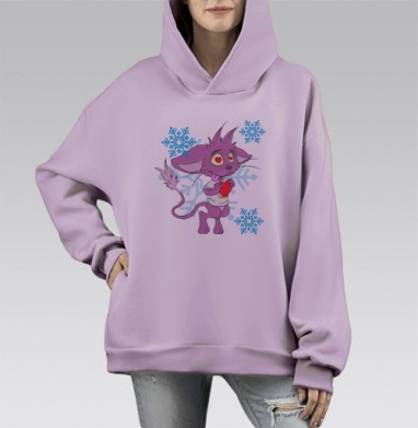 Влюбленный Фиолетовый Кот с Красным Сердцем на Снежинках, Hoodie Mono Fiolet, оверсайз, утепленная