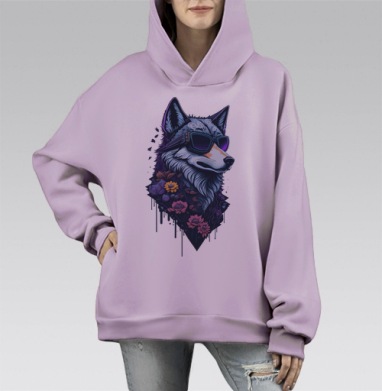 Волк в очках и цветочный микс синий фиолетовый серый, Hoodie Mono Fiolet, оверсайз, утепленная
