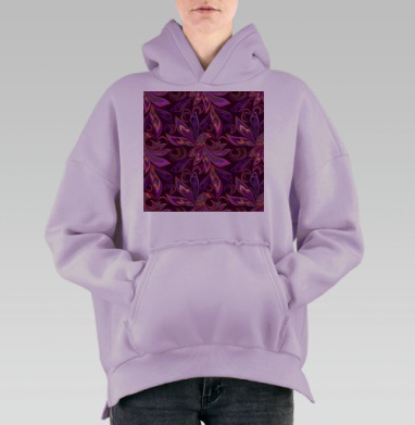 Волшебные птицы на бордовом фоне узор из листьев и перьев, Hoodie Oversize Fiolet, утепленная