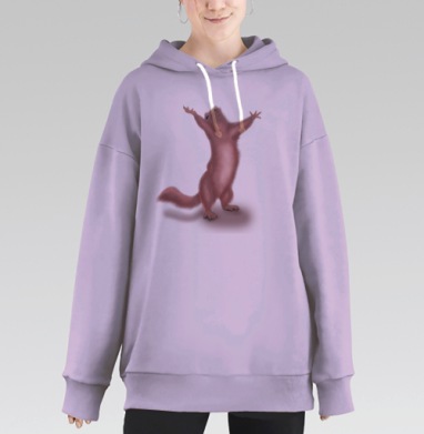 Восторженная розовая белка на сером фоне, Hoodie Long Oversize Fiolet