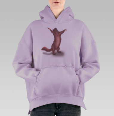 Восторженная розовая белка на сером фоне, Hoodie Oversize Fiolet, утепленная
