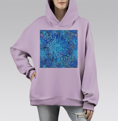 Хризантемы небесно голубой оттенок нежность цветочные мотивы, Hoodie Mono Fiolet, оверсайз, утепленная