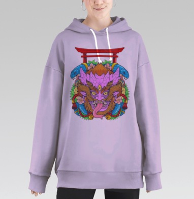 Японский демон с змеями и красной тории на сером фоне, Hoodie Long Oversize Fiolet