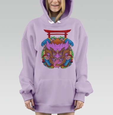 Японский демон с змеями и красной тории на сером фоне, Hoodie Mjhigh Dig Mel, Fiolet, утепленная