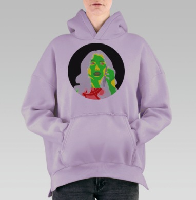 Яркая женщина разговаривает по телефону в кислотных цветах, Hoodie Oversize Fiolet, утепленная