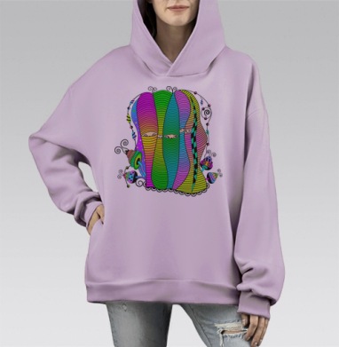 Яркие цветные фигуры в полосатых оболочках мистической сцены, Hoodie Mono Fiolet, оверсайз, утепленная
