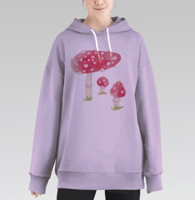 Яркие красные мухоморы с белыми пятнами на траве, Hoodie Long Oversize Fiolet