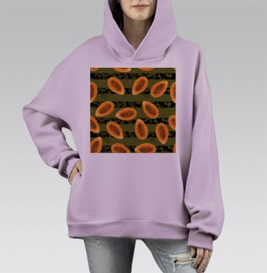 Яркие плоды папайи на полосатом фоне горчичного цвета, Hoodie Mono Fiolet, оверсайз, утепленная