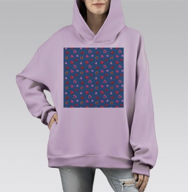 Яркие сердечки на синем фоне нежность игривость романтика, Hoodie Mono Fiolet, оверсайз, утепленная