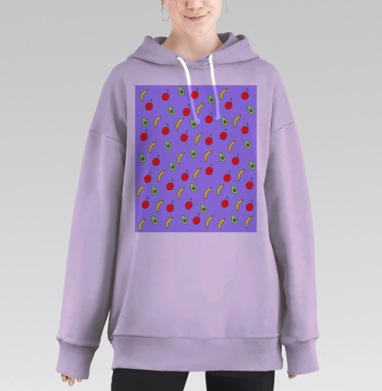 Яркие яблоки бананы авокадо паттерн на фиолетовом фоне, Hoodie Long Oversize Fiolet