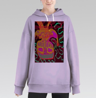Яркий абстрактный череп с гримасой на темном фоне, Hoodie Long Oversize Fiolet