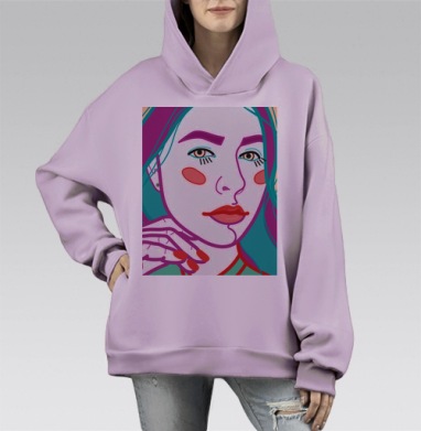 Яркий женский портрет с бирюзовыми волосами и красными губами, Hoodie Mono Fiolet, оверсайз, утепленная