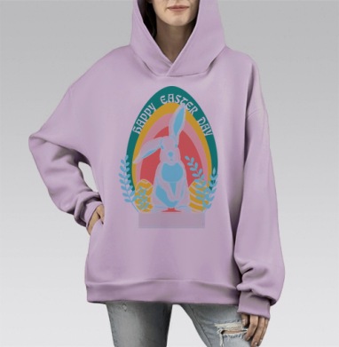 Яркий пасхальный заяц с яйцами и радугой на сером, Hoodie Mono Fiolet, оверсайз, утепленная