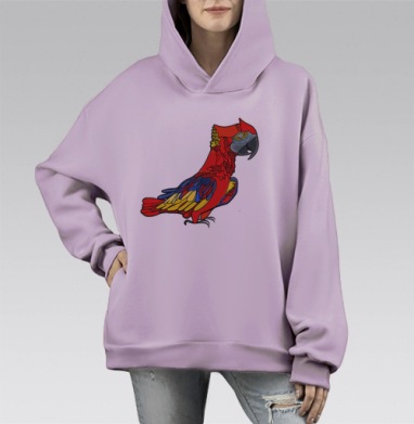 Яркий попугай ара с красно жёлтыми синими перьями живые цвета, Hoodie Mono Fiolet, оверсайз, утепленная
