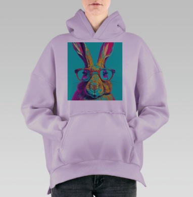Яркий стильный кролик в очках в бирюзовом фоне, Hoodie Oversize Fiolet, утепленная