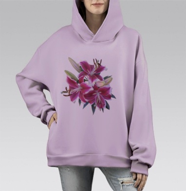 Ярко розовые лилии с белыми лепестками и зелеными листьями, Hoodie Mono Fiolet, оверсайз, утепленная