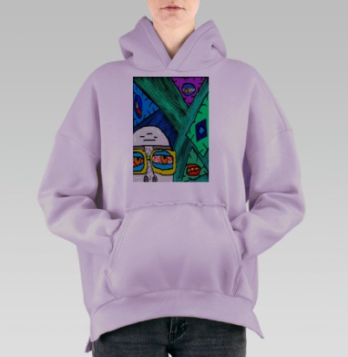 Яркое выразительное лицо в окружении глаз на синем фоне, Hoodie Oversize Fiolet, утепленная