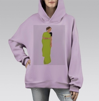 Яркое зелёное платье с черными рукавами завершают образ женщины, Hoodie Mono Fiolet, оверсайз, утепленная