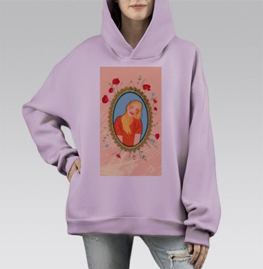 Юная девушка в красных маках и ажурном овале, Hoodie Mono Fiolet, оверсайз, утепленная