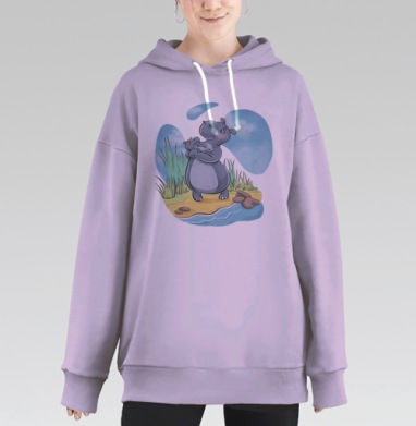 Заботливая бегемотиха с малышом возле воды у травы, Hoodie Long Oversize Fiolet