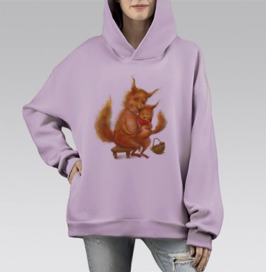 Заботливая мама белка с бельчонком на скамье, Hoodie Mono Fiolet, оверсайз, утепленная