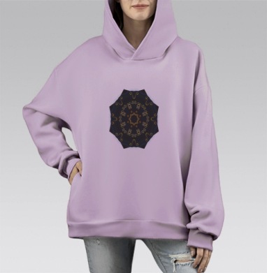 Загадочная индийская мандала черно желто голубая в центре, Hoodie Mono Fiolet, оверсайз, утепленная